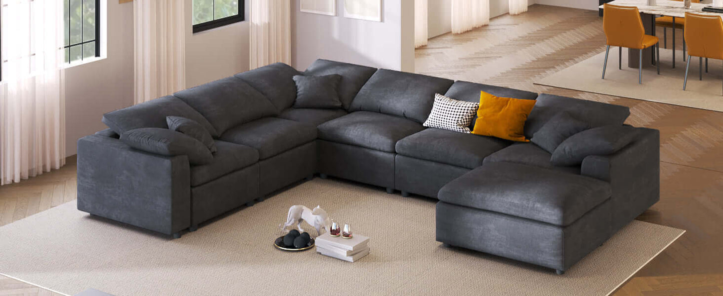 Modern Low Profile Modular U-Shaped Sectional Sofa with Ottoman in Gray or Beige 129" - Revel Sofa