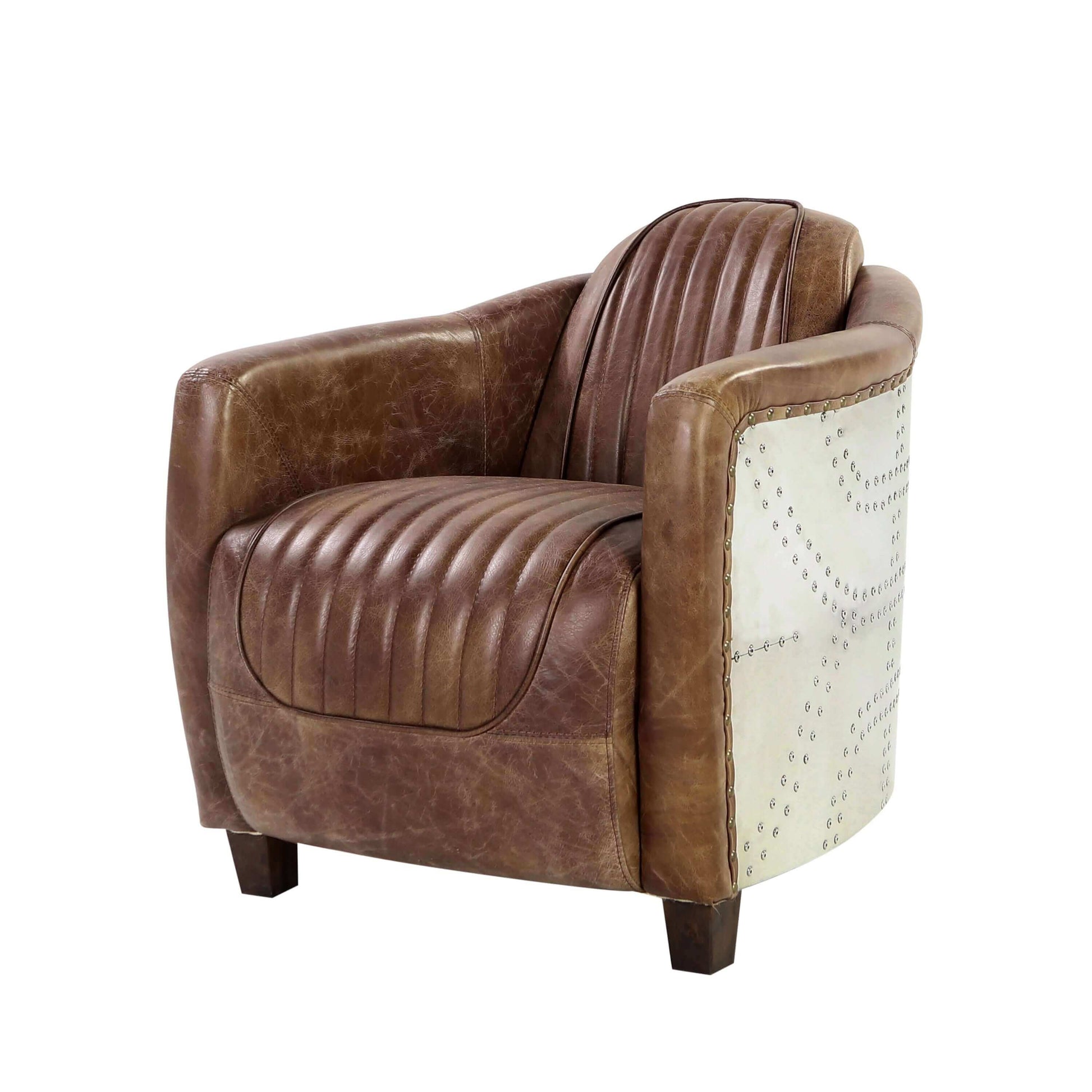 Brancaster Retro Inspired Lounge Chair in Brown Top Grain Leather & Aluminum - Revel Sofa
