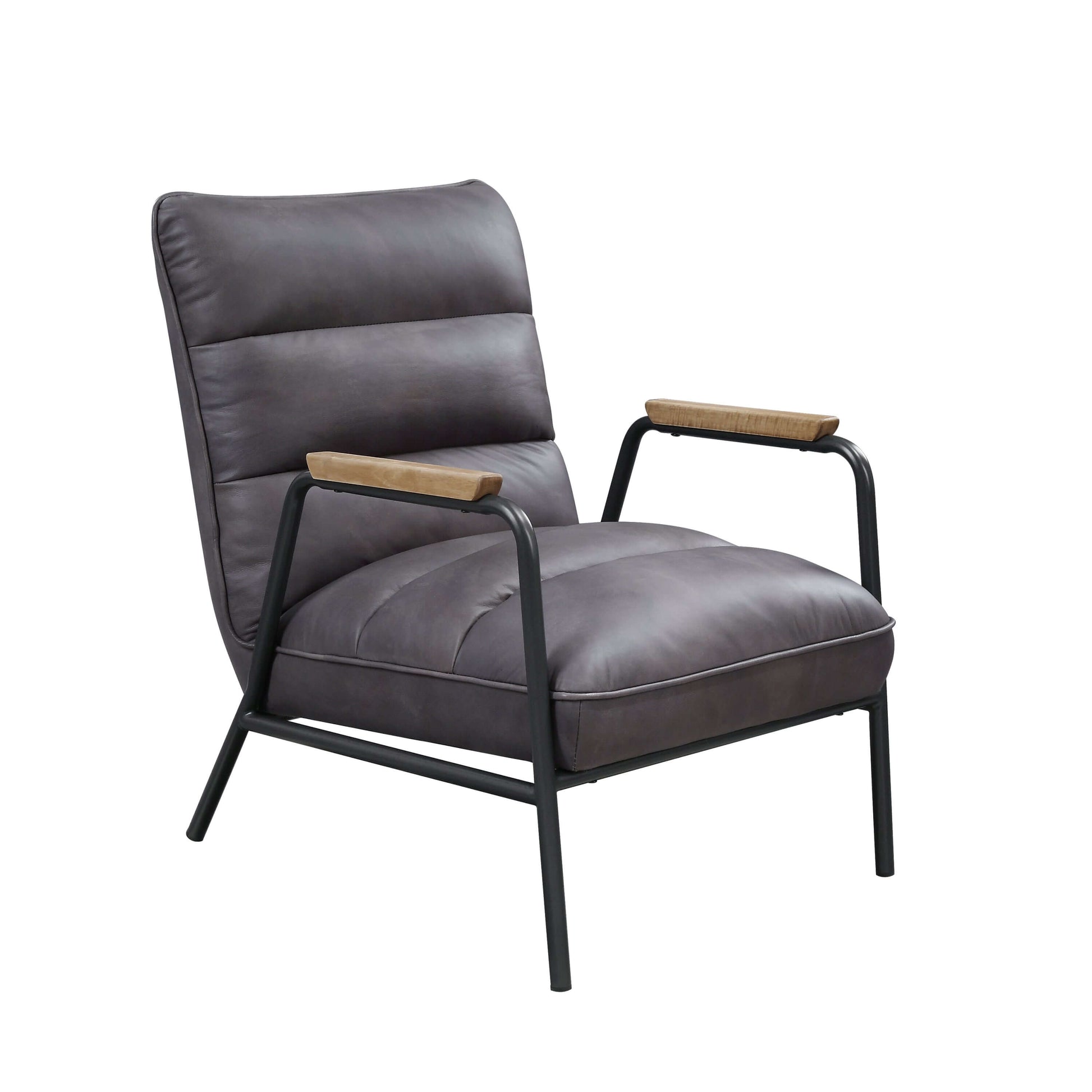 Nignu Accent Lounge Chair, Top Grain Channel Tufted Leather & Matte Iron Base - Revel Sofa