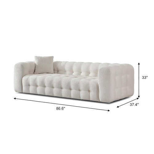 The Eden Modern Boucle Bubble Sofa 90 by Ashcroft Furniture features premium white boucle upholstery, a single cushion, and deep arms. Dimensions: 86.6W x 37.4D x 33H. Modern design perfect for contemporary spaces.