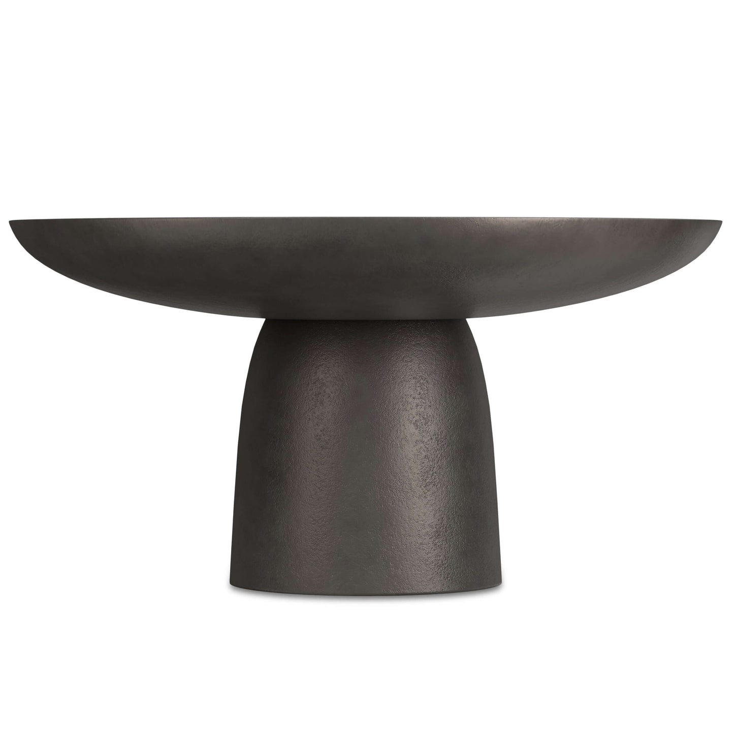 Sleek black cast aluminum coffee table with round top and sturdy pedestal base, ideal for modern living spaces.
