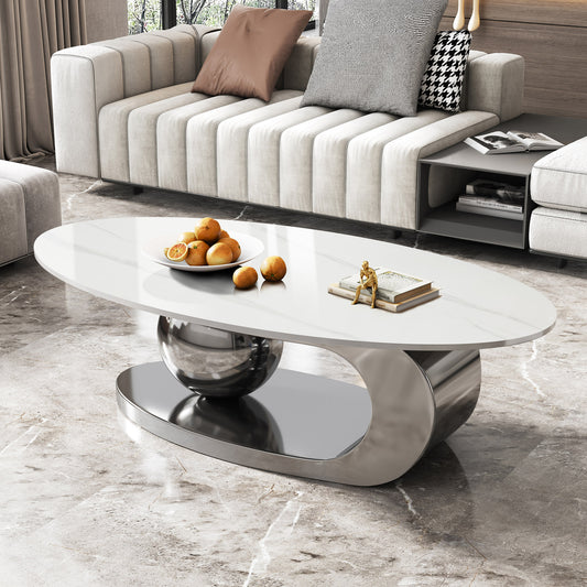 49.2 Inches Oval Faux Marble Coffee Table with Stainless Steel Base in Gray,White