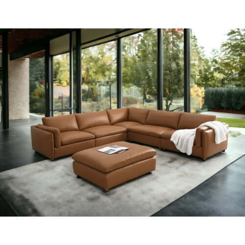Brighton Leather 5 Piece Modular Corner Sofa Sectional 142' in rich brown leather, showcasing luxury and comfort in a stylish living room.