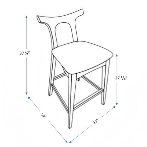 A line drawing of Ashcroft Furnitures Hester Upholstered Seating Counter Stools Chairs (set of 2), showing measurements: height 37 3/4, seat height 27 1/8, seat depth 16, seat width 17; features curved backrests and four legs—ideal for counters.