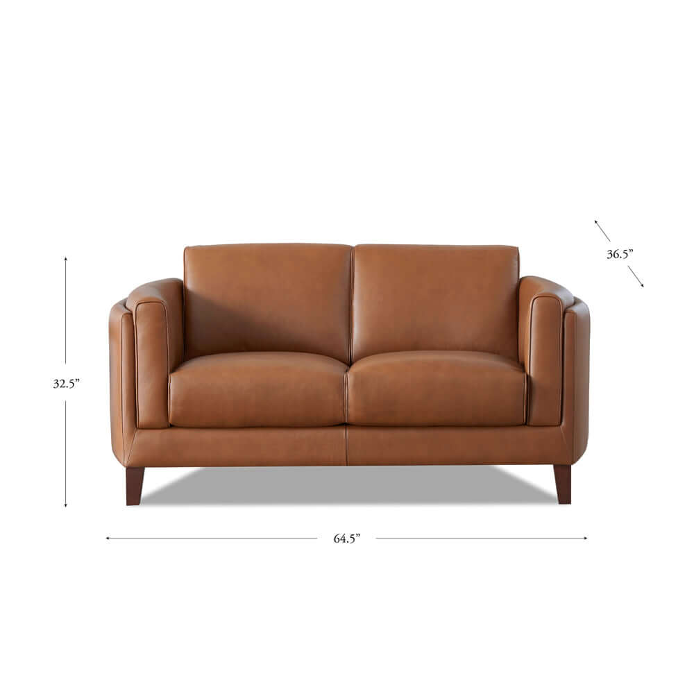 Maui MCM Top-Grain Leather Sofa Loveseat 64' in a stylish modern living room showcasing mid-century design.