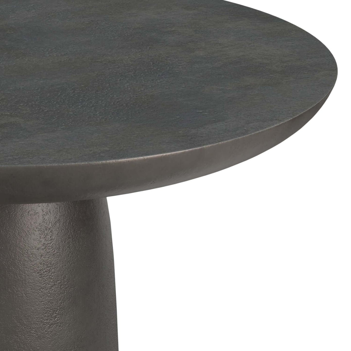 Sleek black cast aluminum coffee table with round top and sturdy pedestal base, ideal for modern living spaces.