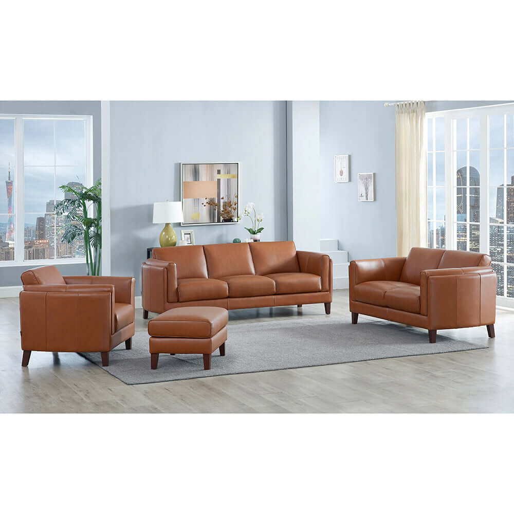 Maui MCM Top-Grain Leather Sofa Loveseat 64' in a stylish modern living room showcasing mid-century design.