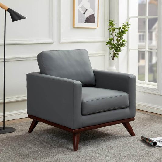 Chester MCM Faux Leather Accent Chair – Mid-Century Modern Armchair (5 Colors) in gray faux leather design.