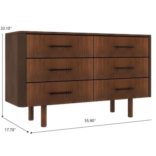 Logan Solid Wood 6-Drawer Dresser – 55” Walnut Bedroom Storage (Mid-Century Modern)