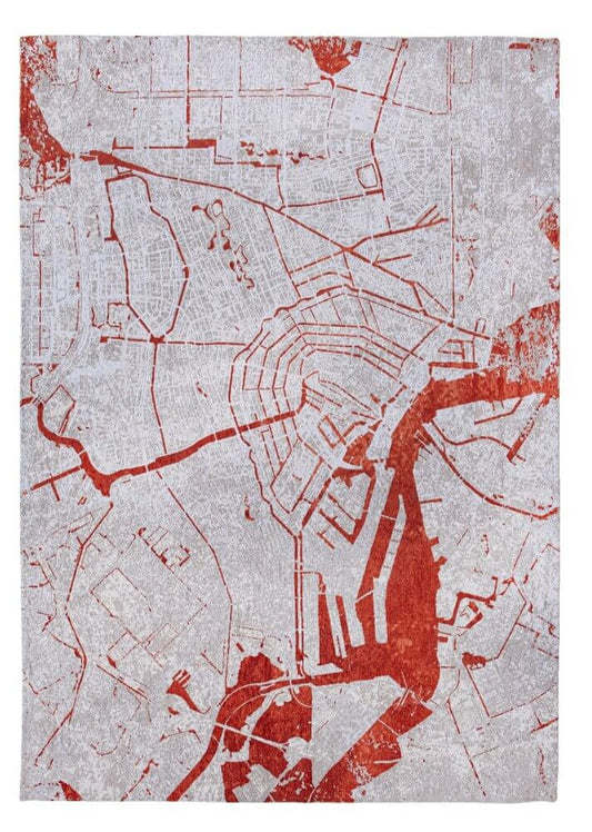 Red and White Abstract Non Skid Area Rug | 9' x 13' featuring bold abstract design in red over a textured white background.