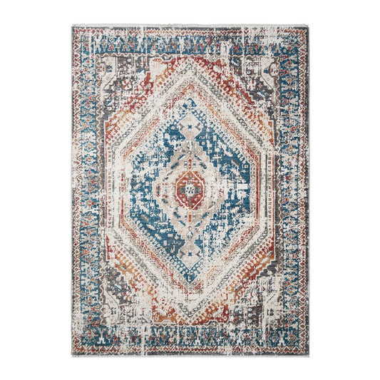 Teal Taupe and Rust Geometric Distressed Area Rug With Fringe Area Rug | 9' x 13'