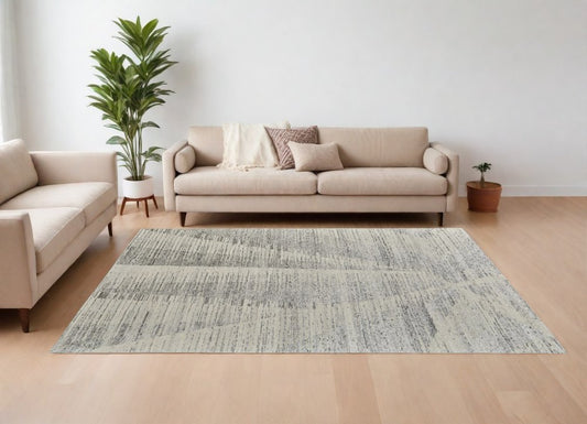 9' X 13' Ivory and Gray Abstract Hand Knotted Worn Faded Area Rug