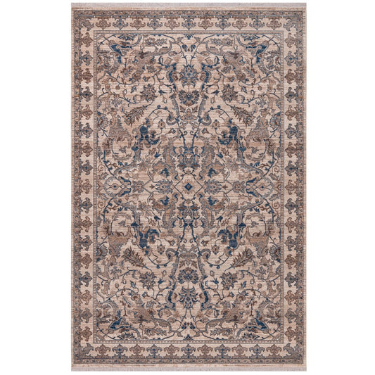 Tan And Blue Oriental Area Rug With Fringe Area Rug | 9' x 13'