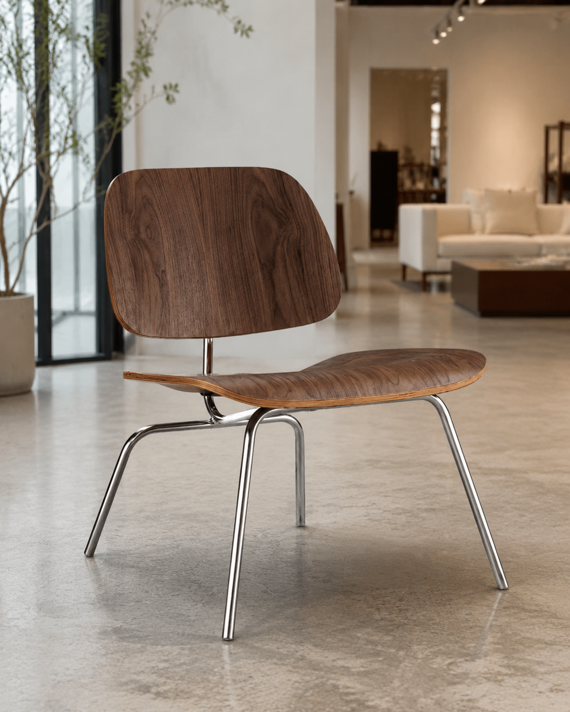 Kendall Walnut Molded Plywood Lounge Chair – 26.5" Low Chair with Chrome Steel Legs