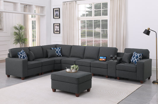 Uriah Dark Gray Linen Sectional Sofa with Ottoman – 151" Non-Reversible Sectional with Cupholder USB Console