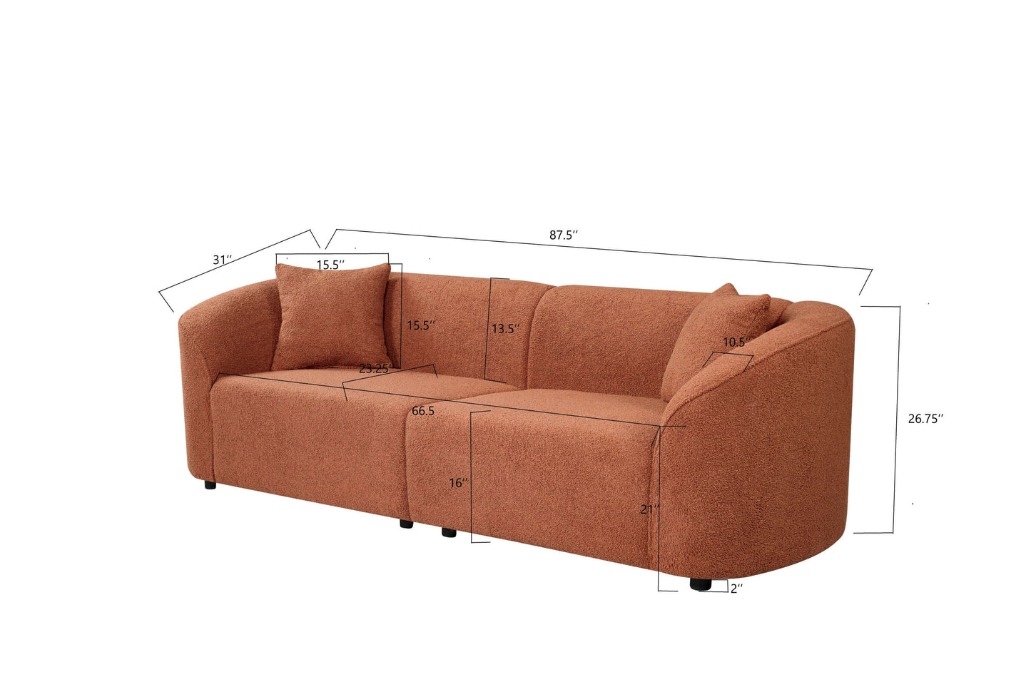 Dimensions of a Contemporary Sloped Arm Boucle Upholstered Sofa in warm brown, showcasing its modern design and comfort.