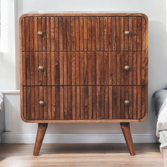 Solveig Honey Caramel Mango Wood Chest – 27.6" T-Bar Ridged 3-Drawer Chest