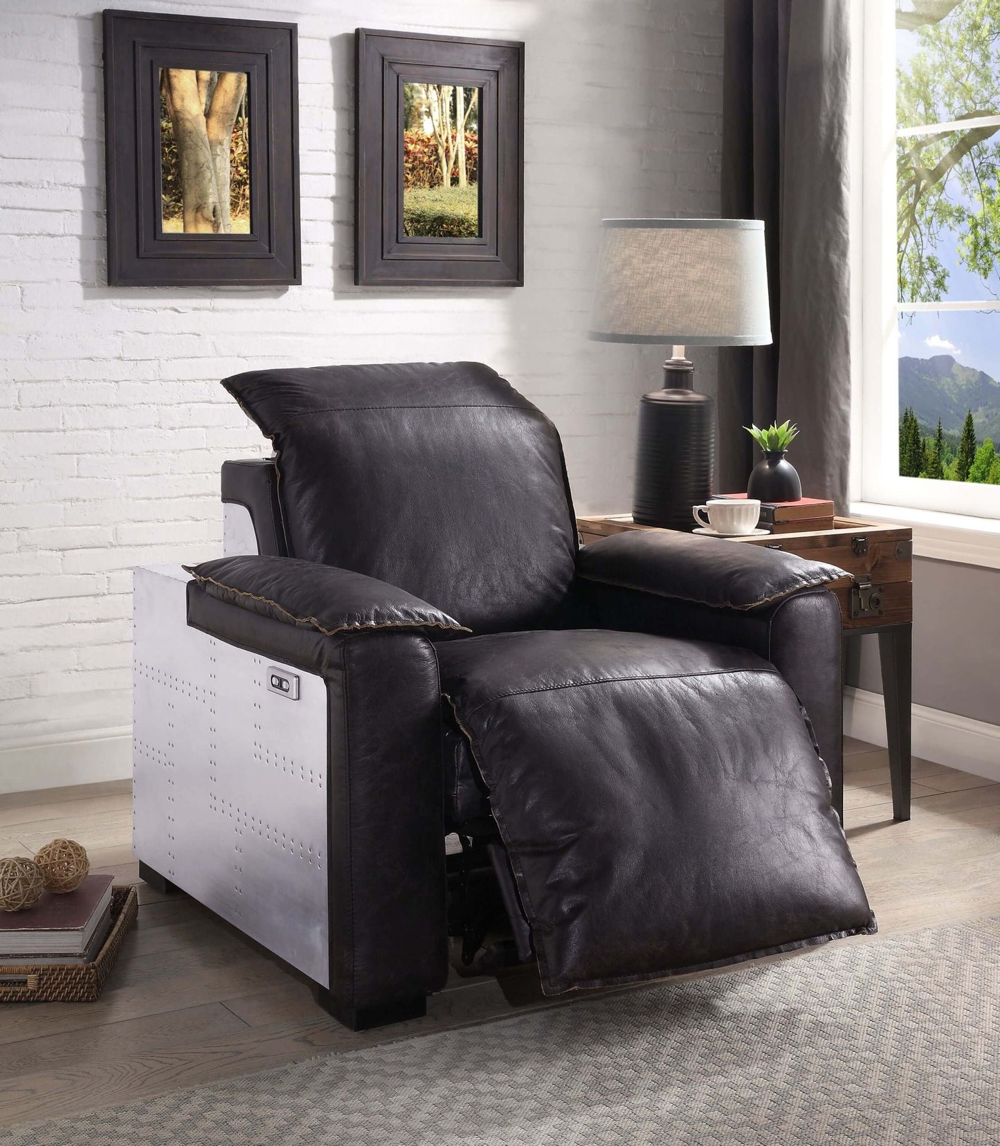 Misezon Retro Industrial Brown Leather Aluminum Power-Reclining Chair