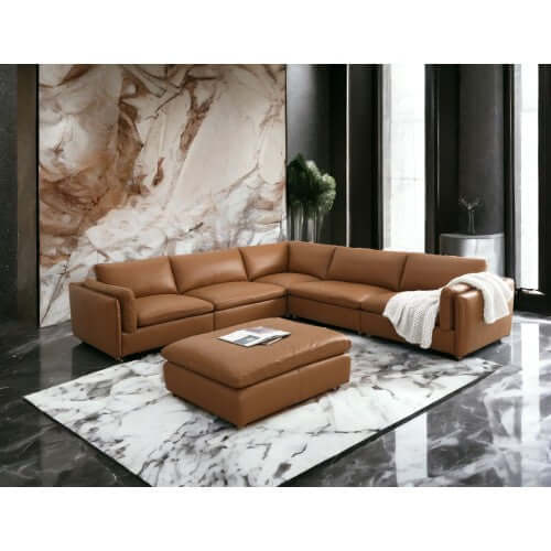 Brighton Leather 5 Piece Modular Corner Sofa Sectional in rich brown, elegantly arranged in a modern living room setting.