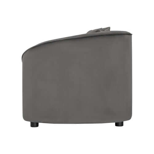 Contemporary sloped arm sofa side view in stylish gray bouclé fabric, showcasing its ergonomic design and modern aesthetics.