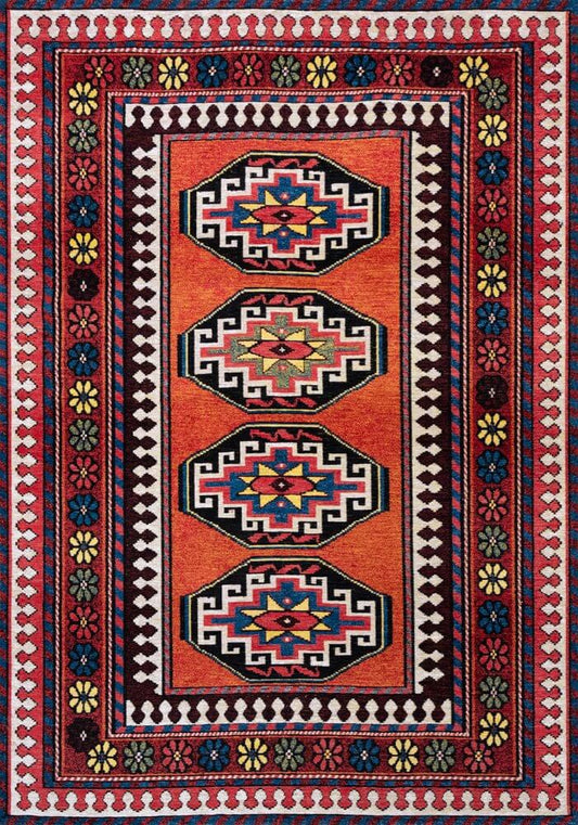 Red And Orange Tribal Washable Area Rug With UV Protection Area Rug | 9' x 13' featuring bold patterns and earthy palette.