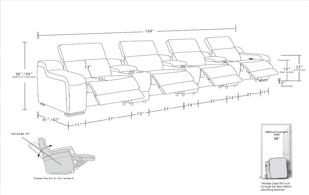 169" Italian Leather Power Reclining Sofa with USB Charging | Oversized Luxury Recliner