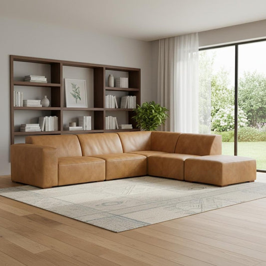 116" Sienna Leather Corner Sectional with Ottoman | Modern Sofa with Brown Legs