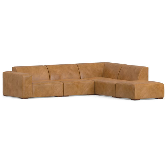 116" Sienna Leather Corner Sectional with Ottoman | Modern Sofa with Brown Legs