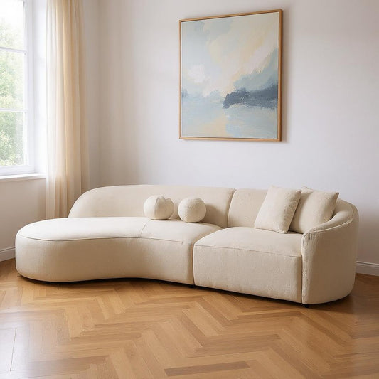 Ivory Boucle Curved Modular Sectional Sofa with Chaise & Toss Pillows | Modern 2-Piece Sectional