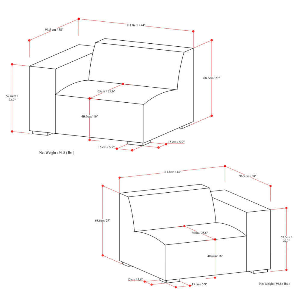 Dimensions and specifications of the Rex Modern Top-Grain Leather Modular Sofa design.
