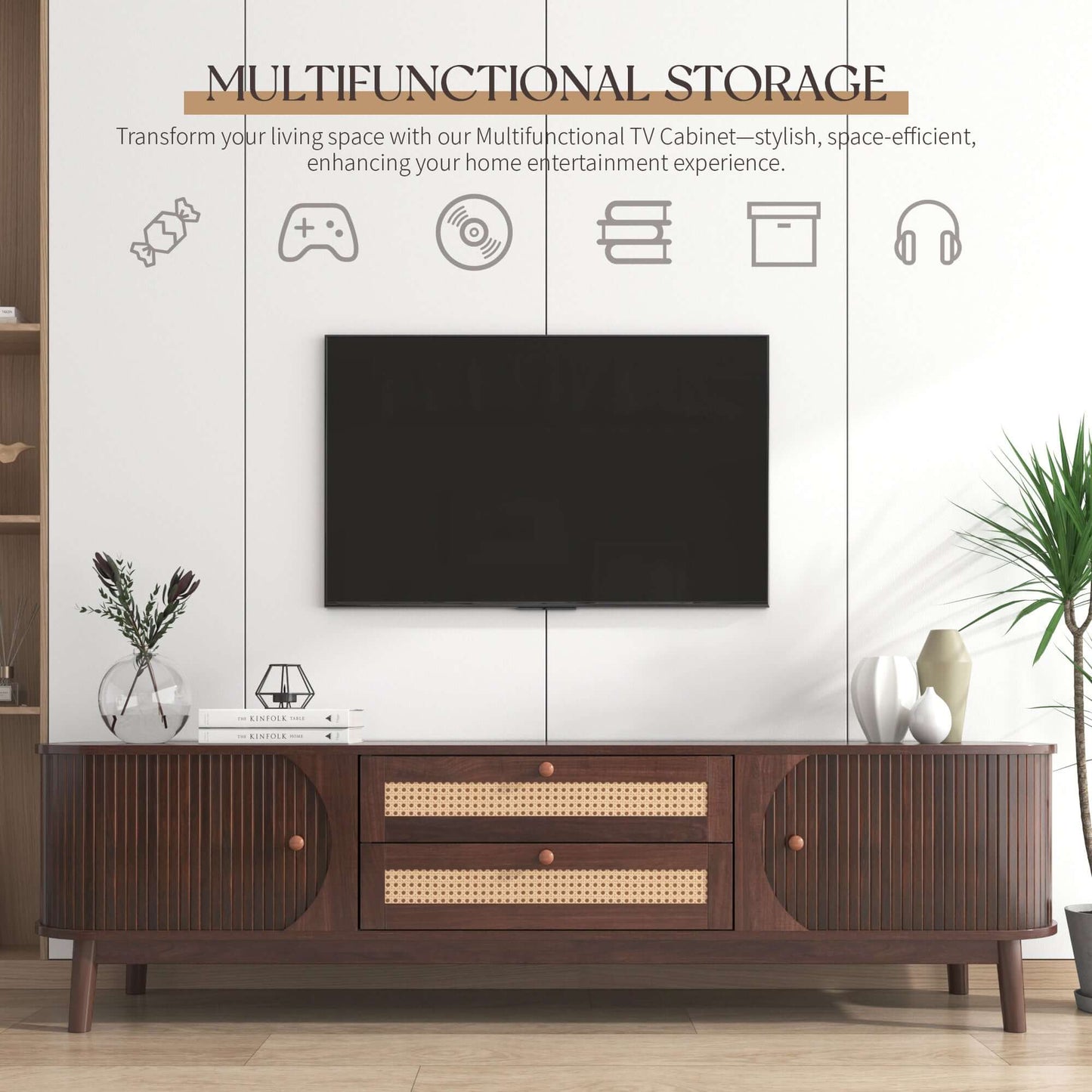 MCM Styled TV Stand Entertainment Center Solid Wood & MDF, Brown 67" - Revel Sofa