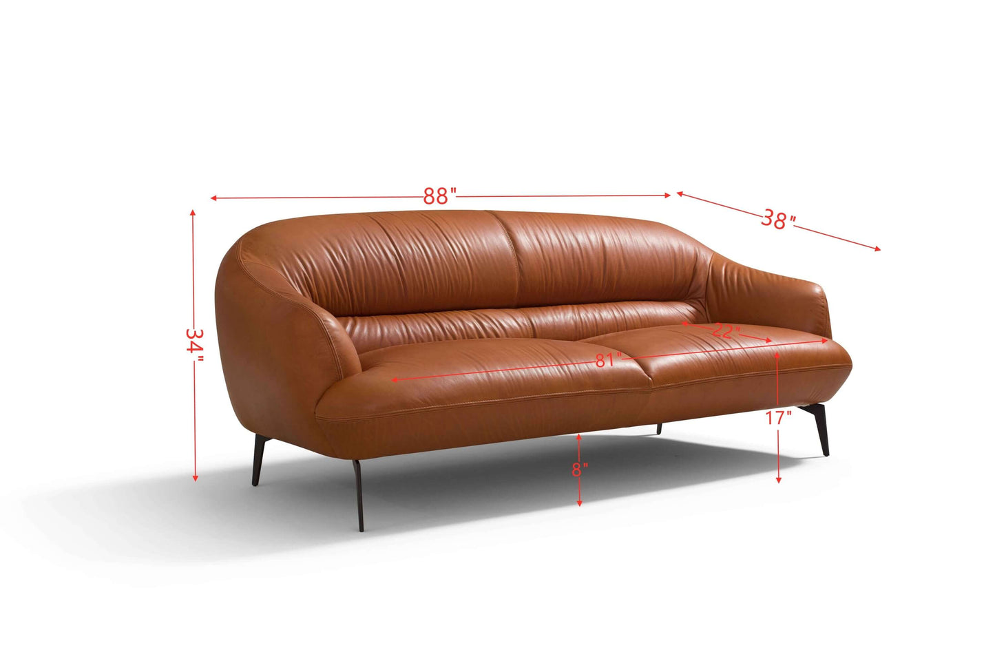 Leonia Italian Leather Sofa 88" – Tan Genuine Italian Leather Modern Couch with dimensions 88" x 38" x 34".