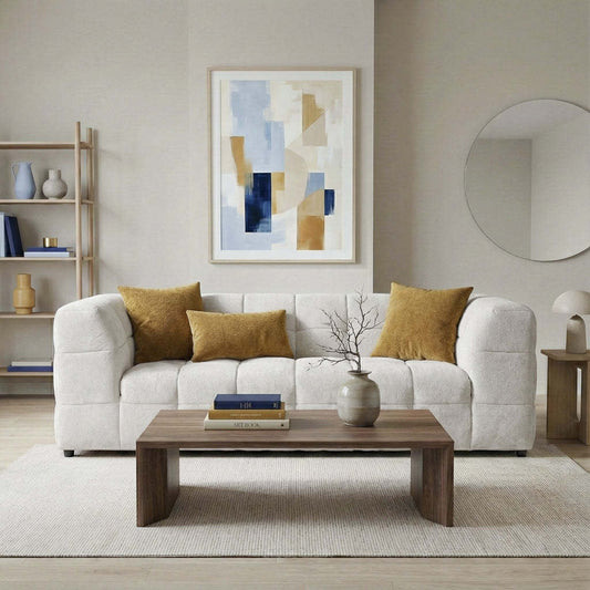 Swain Beige Boucle Sofa – 102.4" Biscuit-Tufted 3-Seat Sofa