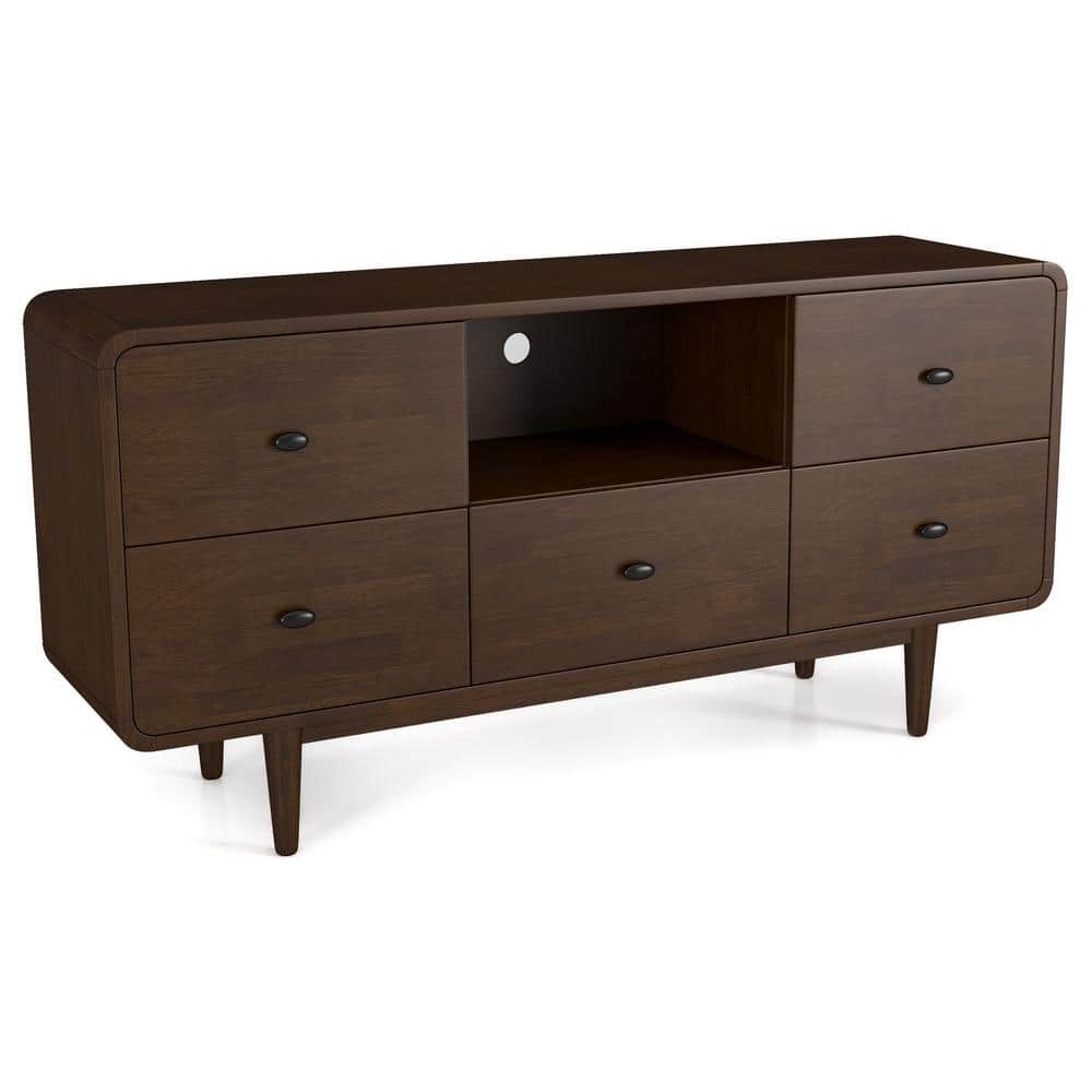 The Alexa MCM Solid Wood Media Console TV Stand 71 by Ashcroft Furniture features six drawers, an open center shelf with cable management hole, round black knobs, and four angled legs in a mid-century modern design.