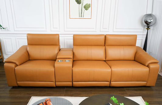 118" Modular Leather Recliner Sectional Sofa – 3-seat Power Reclining Sofa with Cup Holders in stylish living room setting.