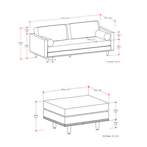 Morrison MCM Genuine Leather Sofa 89" – Mid-Century Sienna Leather Couch (2 Colors) dimensions and specifications illustration.