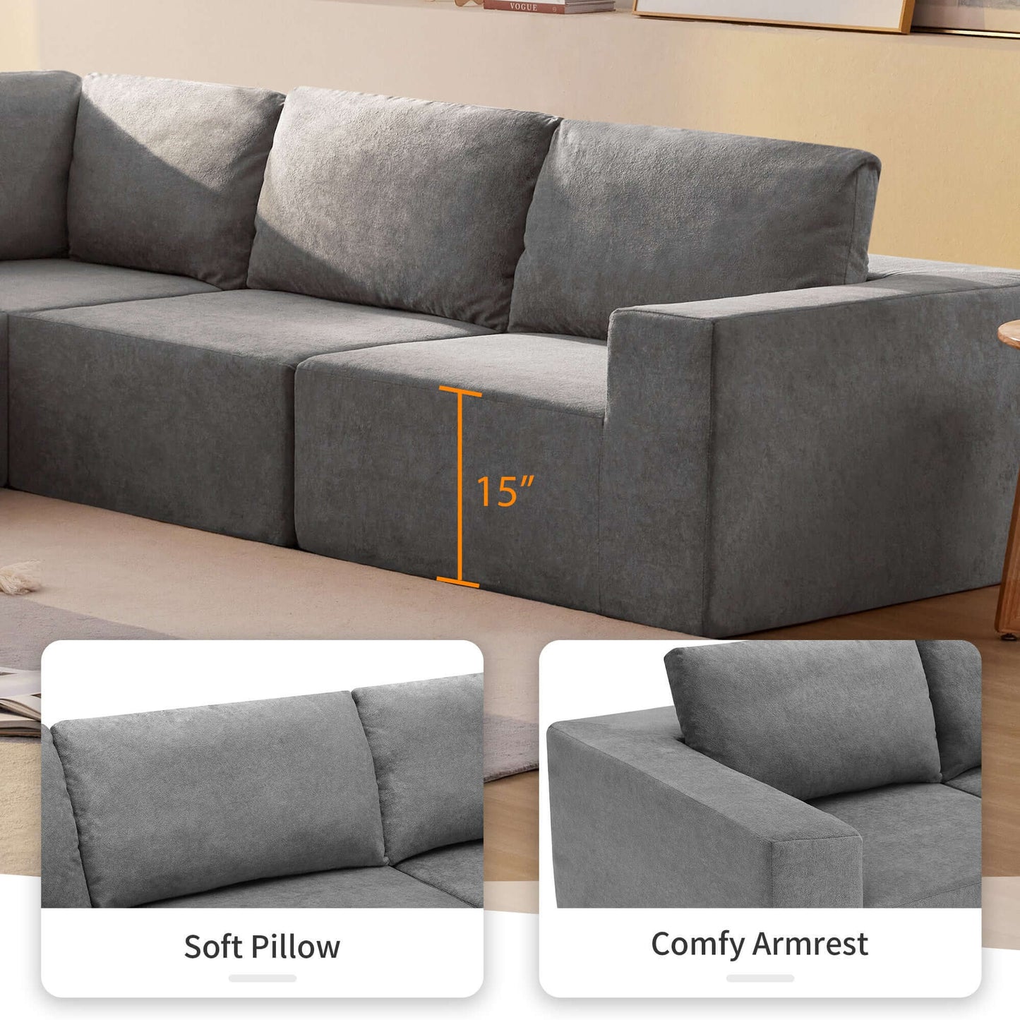 Modern Modular Low Profile Corner Sofa Sectional 116'