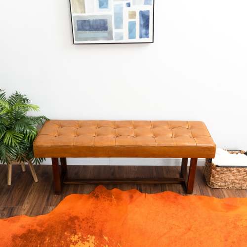Cameron Genuine Leather Tufted Bench – 51” Solid Wood Upholstered Bench (Mid-Century Modern, Tan)