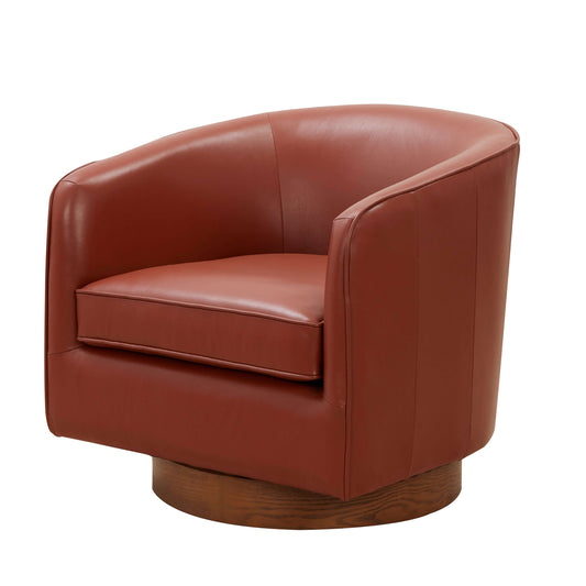 Tessa Caramel Genuine Leather & Wood Swivel Base Accent Barrel Chair - Revel Sofa