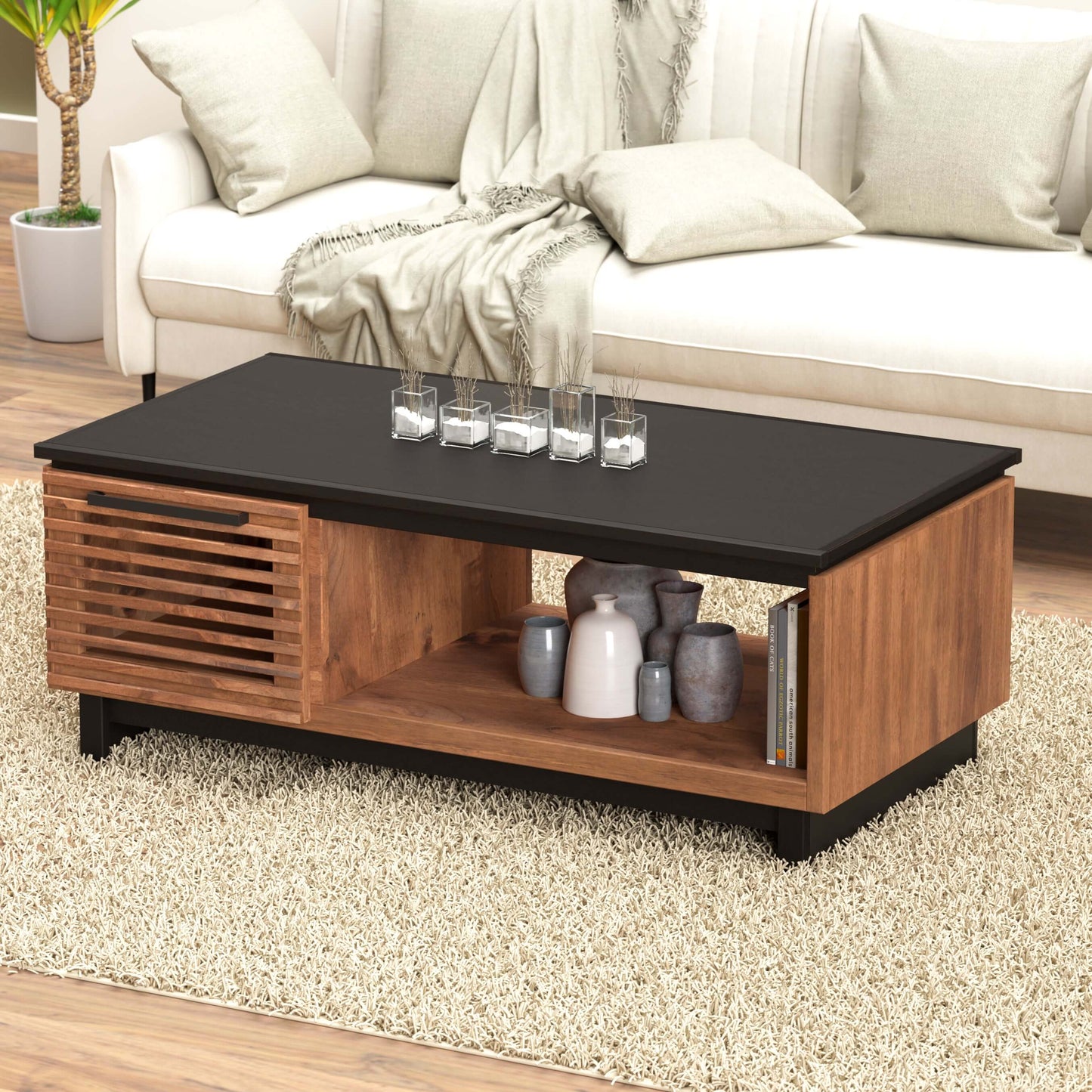 Scandinavian Inspired Solid Wood Graceland Coffee Table, Black with Bourbon Finish 47" - Revel Sofa