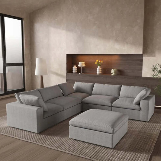 120" Linen Blend Modular L-Shaped 6-Piece Sectional with Ottoman & Storage in Gray