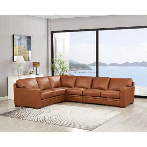 Dillon MCM Leather L-Shaped Corner Sofa Sectional 126" in a modern living room with scenic view.