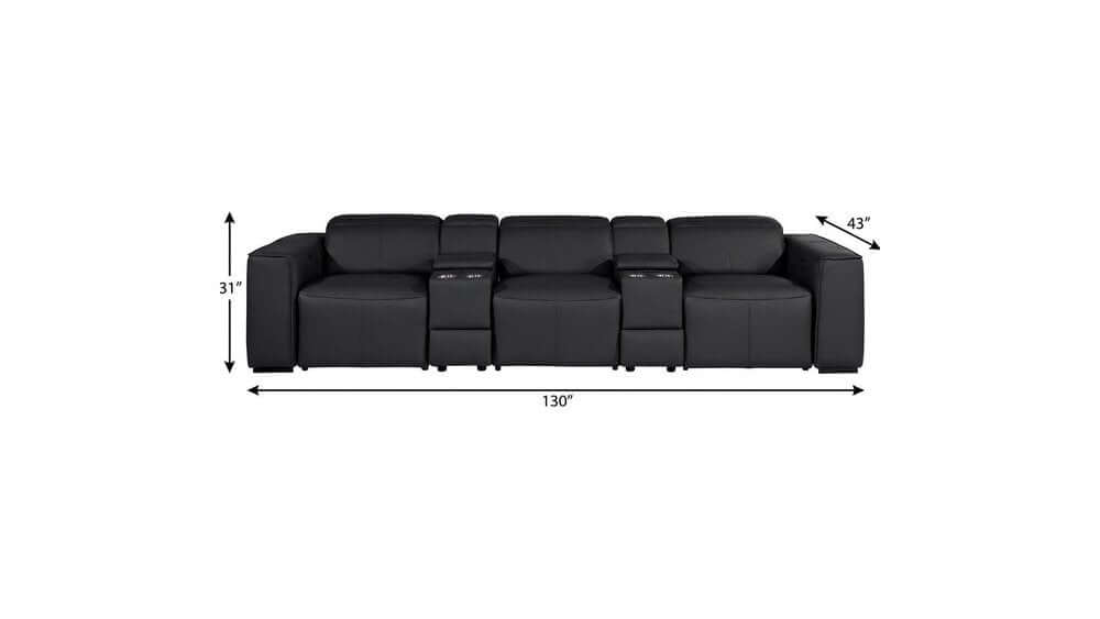 130" Black Top Grain Leather Reclining Metal USB Sofa with measurements showing 130" width.