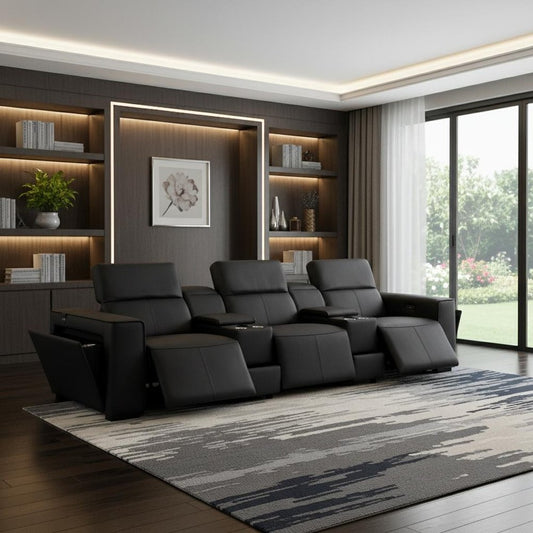 130" Black Top Grain Leather Reclining Metal USB Sofa in a modern living room with stylish decor.