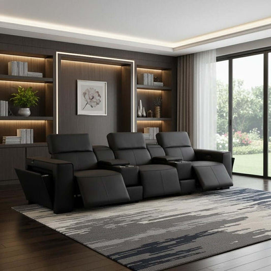 130" Black Top Grain Leather Reclining Metal USB Sofa in a modern living room with stylish decor.