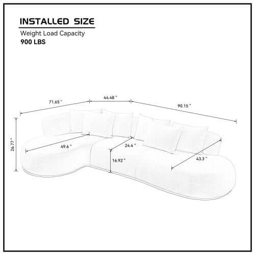 L-shaped sectional sofa dimensions and specifications, including weight capacity of 900 lbs and installed size details.