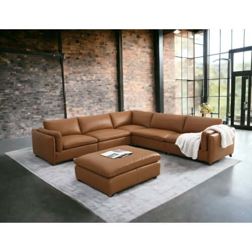 Brighton Leather 5 Piece Modular Corner Sofa Sectional in rich brown leather on a stylish rug in a modern living room.
