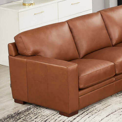 Dillon MCM Leather L-Shaped Corner Sofa Sectional 126" in warm brown leather, showcasing modern design and comfort.