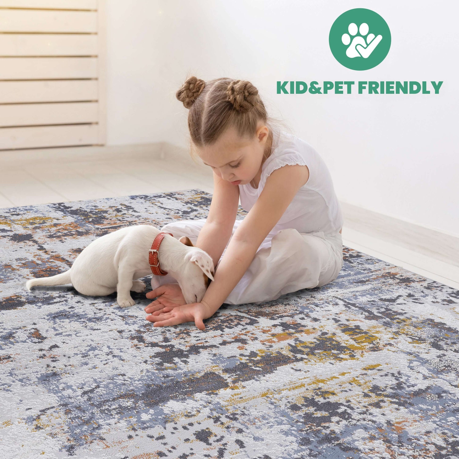 Child playing with puppy on a Multicolor Abstract Area Accent Rug, showcasing its kid and pet friendly design.