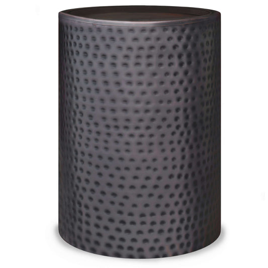 Corbin Hammered Antique Metal Cylindrical Side Table in rich antique copper finish, showcasing a hand-hammered texture.